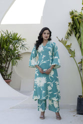 Summer Breeze Co-ord Set - Aqua Blue with White Floral Print